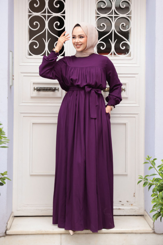Kemerli Mürdüm Tesettür Elbise 23841MU - 2