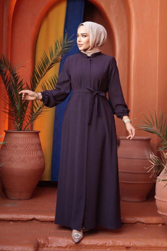 Kemerli Mürdüm Tesettür Ferace 26391MU - 1