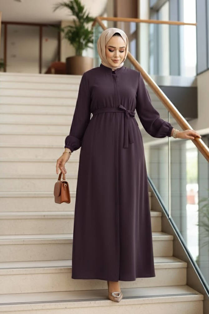 Kemerli Mürdüm Tesettür Ferace 26391MU - N.S NEVA STYLE