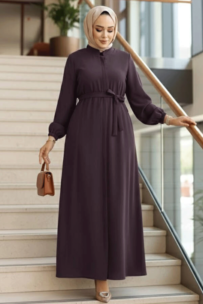 Kemerli Mürdüm Tesettür Ferace 26391MU - 1