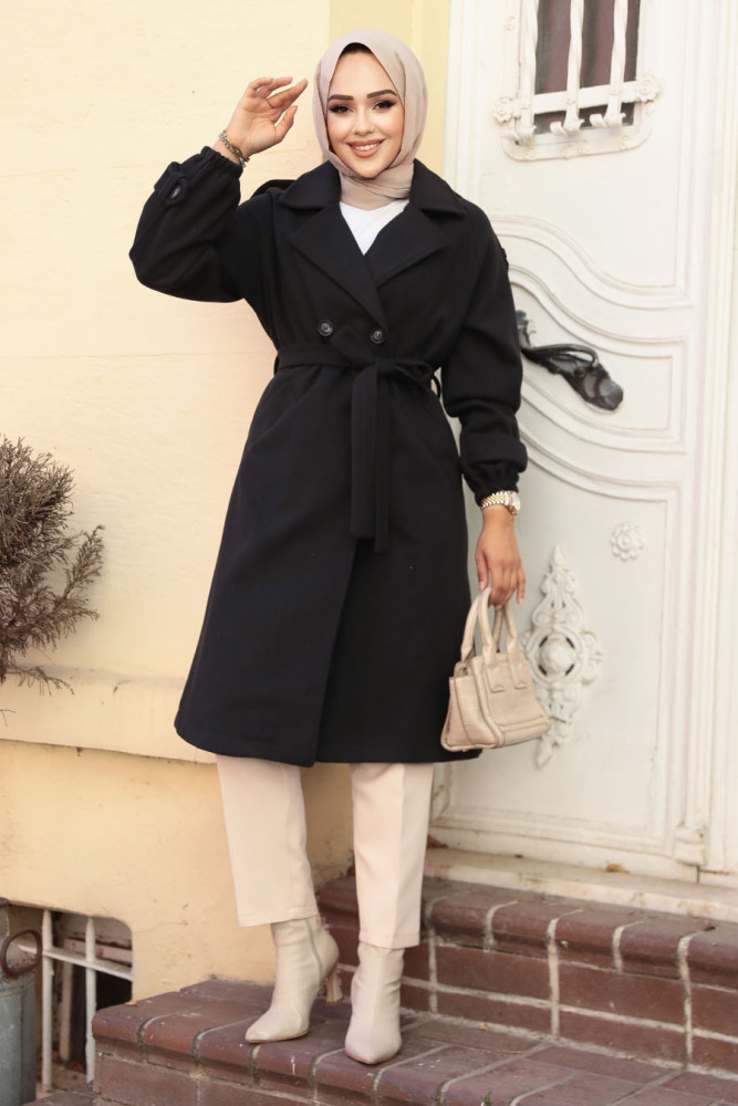 Kemerli Siyah Kaşe Tesettür Kaban 61102S - NEVA STYLE