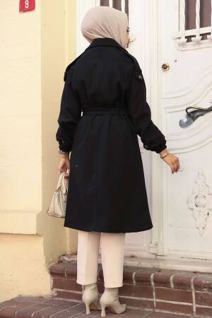 Kemerli Siyah Kaşe Tesettür Kaban 61102S - 3