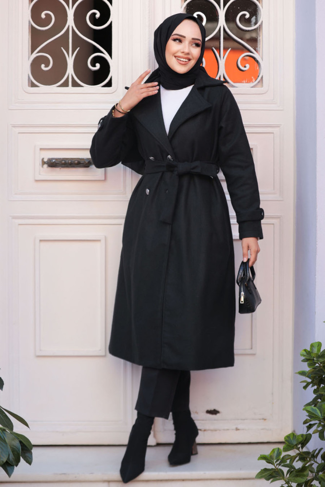 Kemerli Siyah Kaşe Tesettür Kaban 61210S - NEVA STYLE