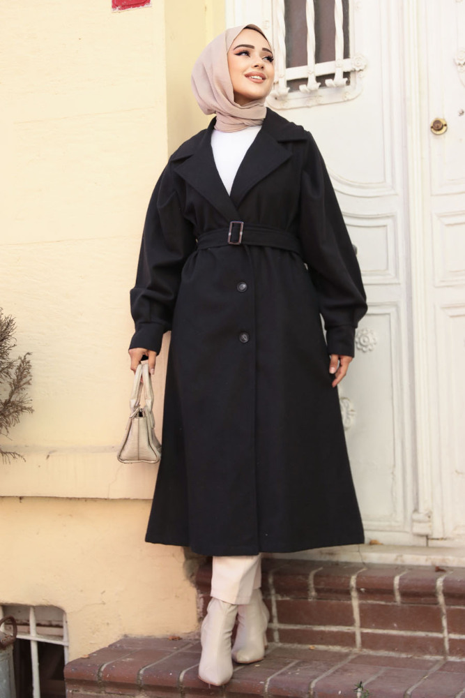 Kemerli Siyah Kaşe Tesettür Kaban 61241S - NEVA STYLE