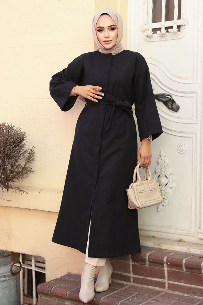 Kemerli Siyah Kaşe Tesettür Kaban 61302S - NEVA STYLE