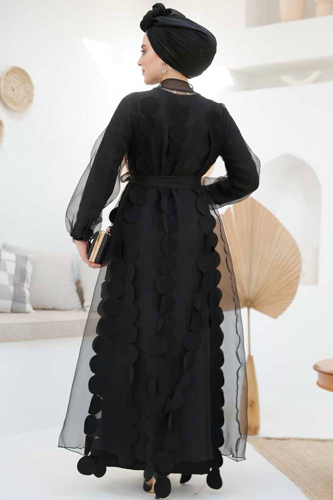 Kemerli Siyah Tesettür Abaya 4655S - 6