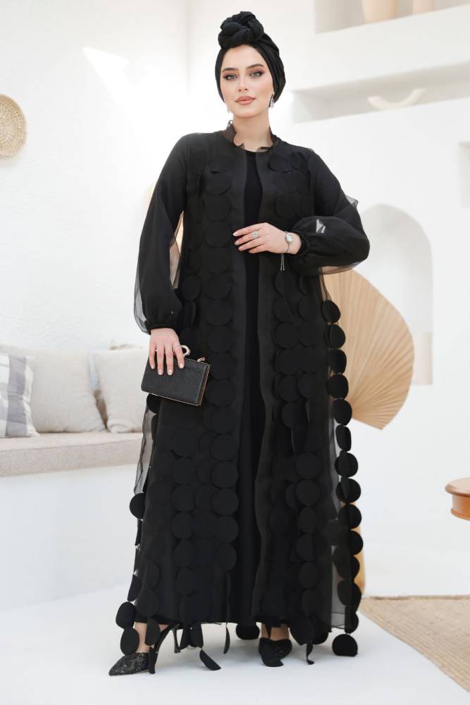 Kemerli Siyah Tesettür Abaya 4655S - 5