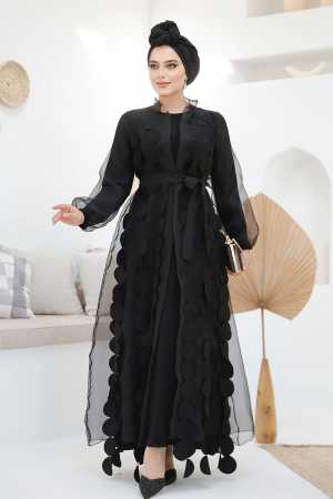 Kemerli Siyah Tesettür Abaya 4655S - 1