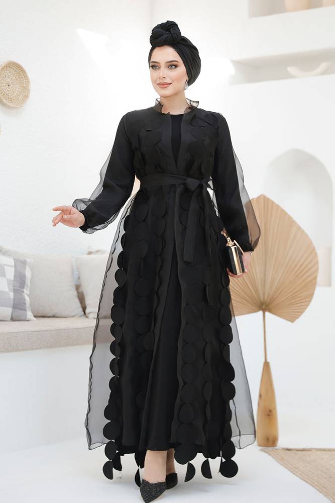 Kemerli Siyah Tesettür Abaya 4655S - 1