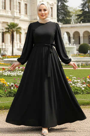 Kemerli Siyah Tesettür Elbise 23101S - NEVA STYLE