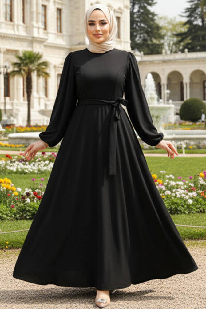 Kemerli Siyah Tesettür Elbise 23101S - 1