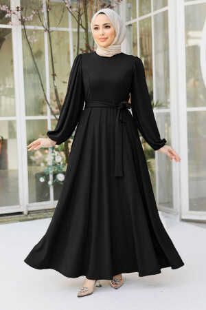 Kemerli Siyah Tesettür Elbise 23101S - NEVA STYLE