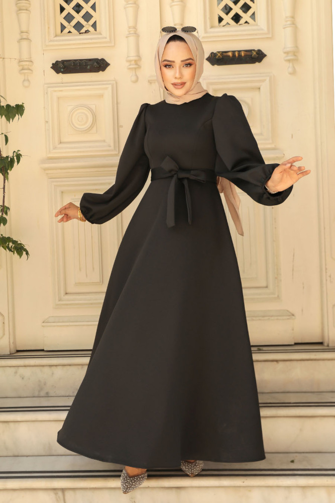 Kemerli Siyah Tesettür Elbise 23102S - 3