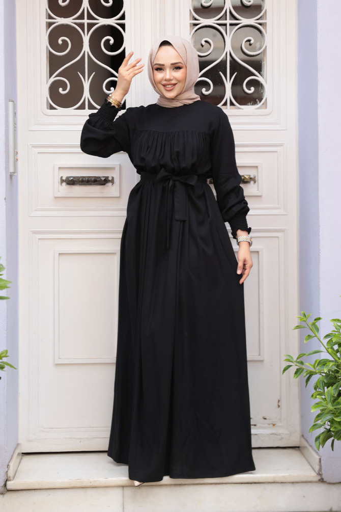 Kemerli Siyah Tesettür Elbise 23841S - 1