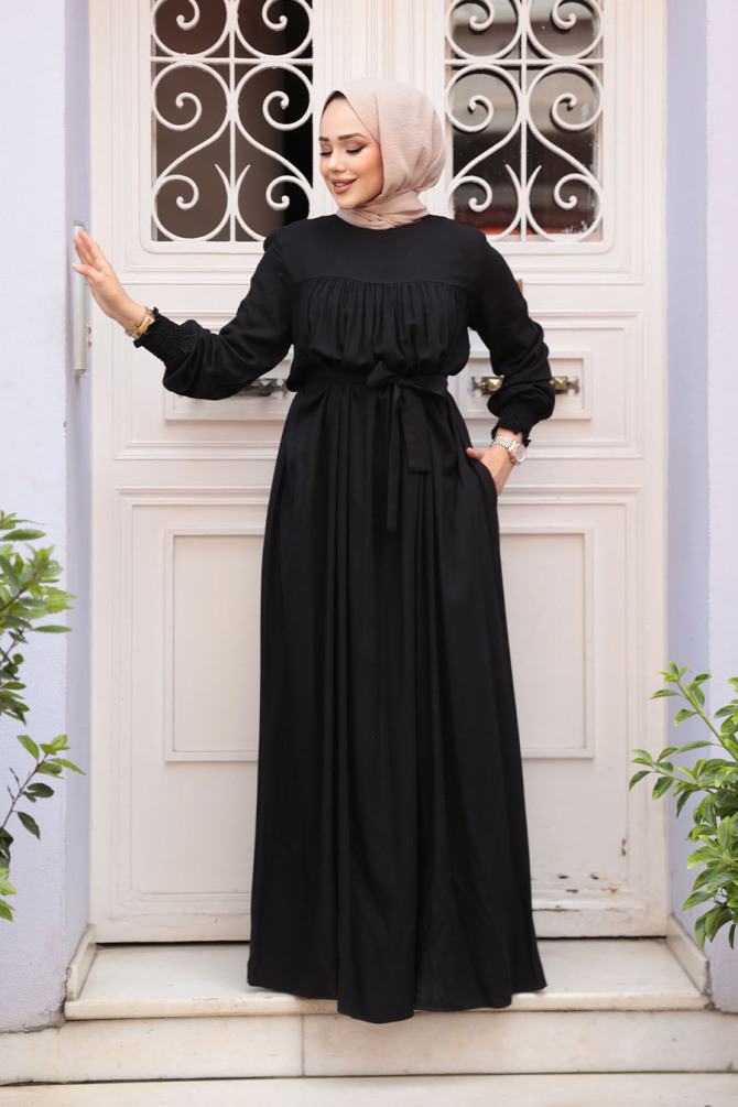 Kemerli Siyah Tesettür Elbise 23841S - 2