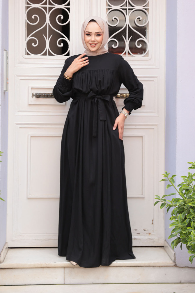 Kemerli Siyah Tesettür Elbise 23841S - 3