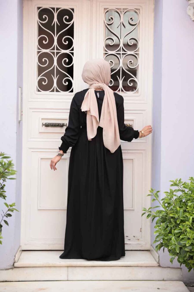 Kemerli Siyah Tesettür Elbise 23841S - 4