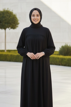 Kemerli Siyah Tesettür Elbise 23841S - 2