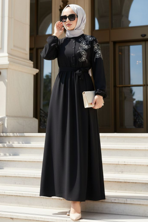 Kemerli Siyah Tesettür Elbise 30550S - 1