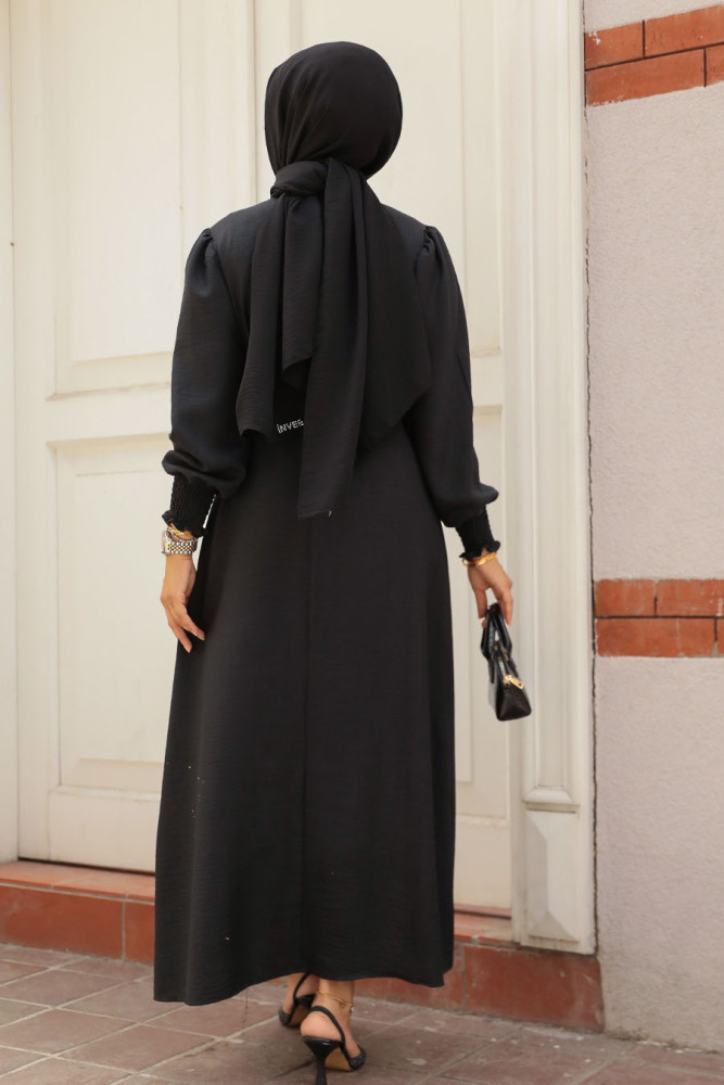 Kemerli Siyah Tesettür Elbise 661S - 3