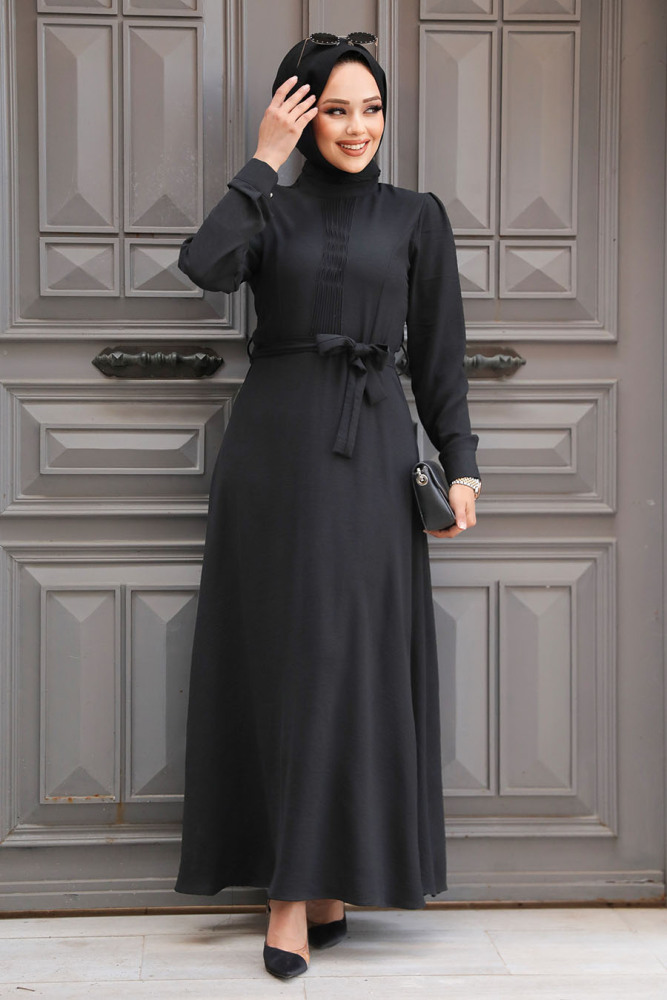 Kemerli Siyah Tesettür Elbise 6621S - 2
