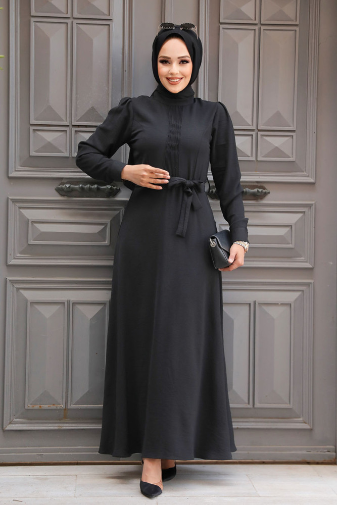 Kemerli Siyah Tesettür Elbise 6621S - 1