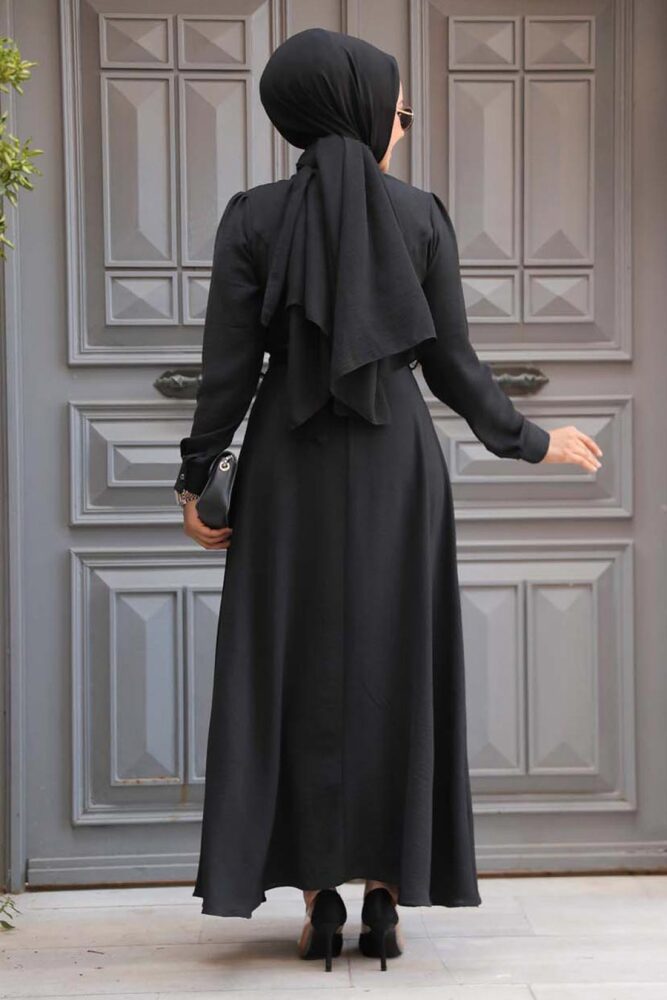 Kemerli Siyah Tesettür Elbise 6621S - 3