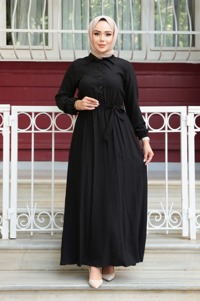 Kemerli Siyah Tesettür Elbise 7238S - 2