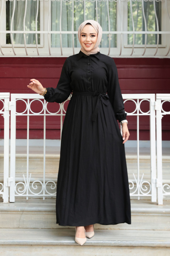 Kemerli Siyah Tesettür Elbise 7238S - 1