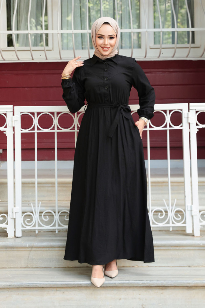 Kemerli Siyah Tesettür Elbise 7238S - 3