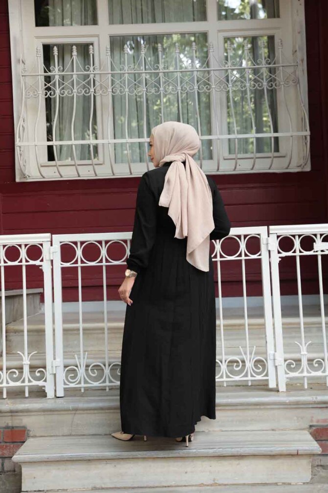 Kemerli Siyah Tesettür Elbise 7238S - 5