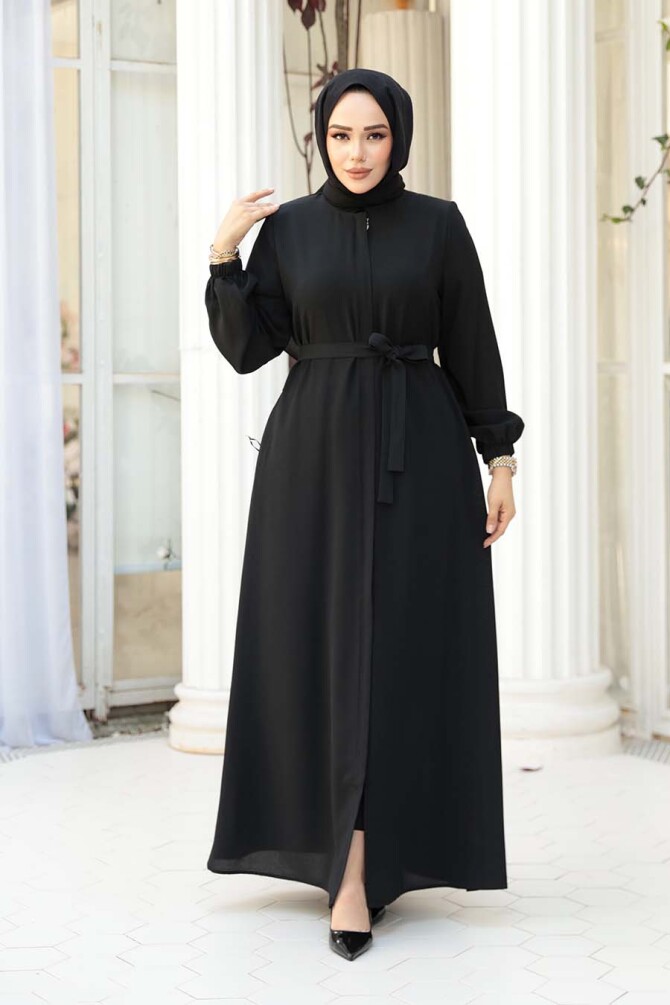 Kemerli Siyah Tesettür Ferace 26391S - 1