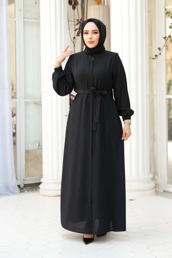 Kemerli Siyah Tesettür Ferace 26391S - 2