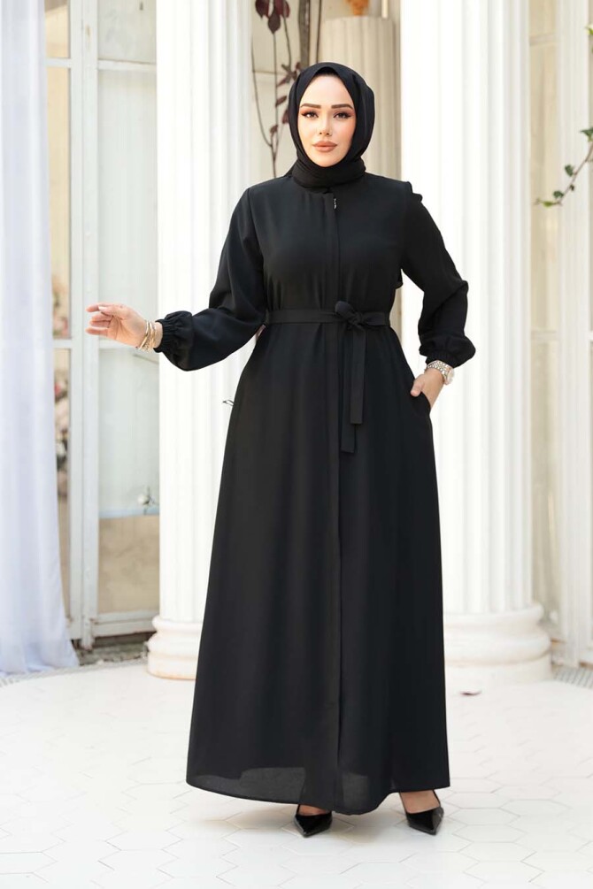 Kemerli Siyah Tesettür Ferace 26391S - 3