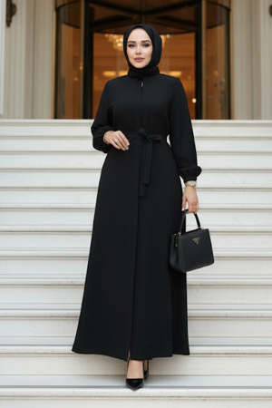 Kemerli Siyah Tesettür Ferace 26391S 