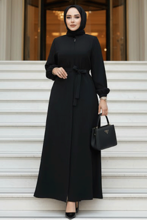 Kemerli Siyah Tesettür Ferace 26391S 