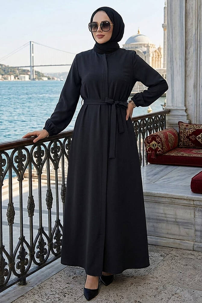 Kemerli Siyah Tesettür Ferace 26391S - N.S NEVA STYLE