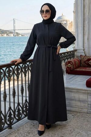 Kemerli Siyah Tesettür Ferace 26391S - N.S NEVA STYLE