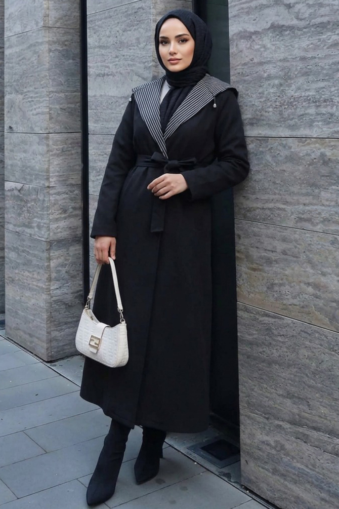 Kemerli Siyah Tesettür Kap 689S - NEVA STYLE