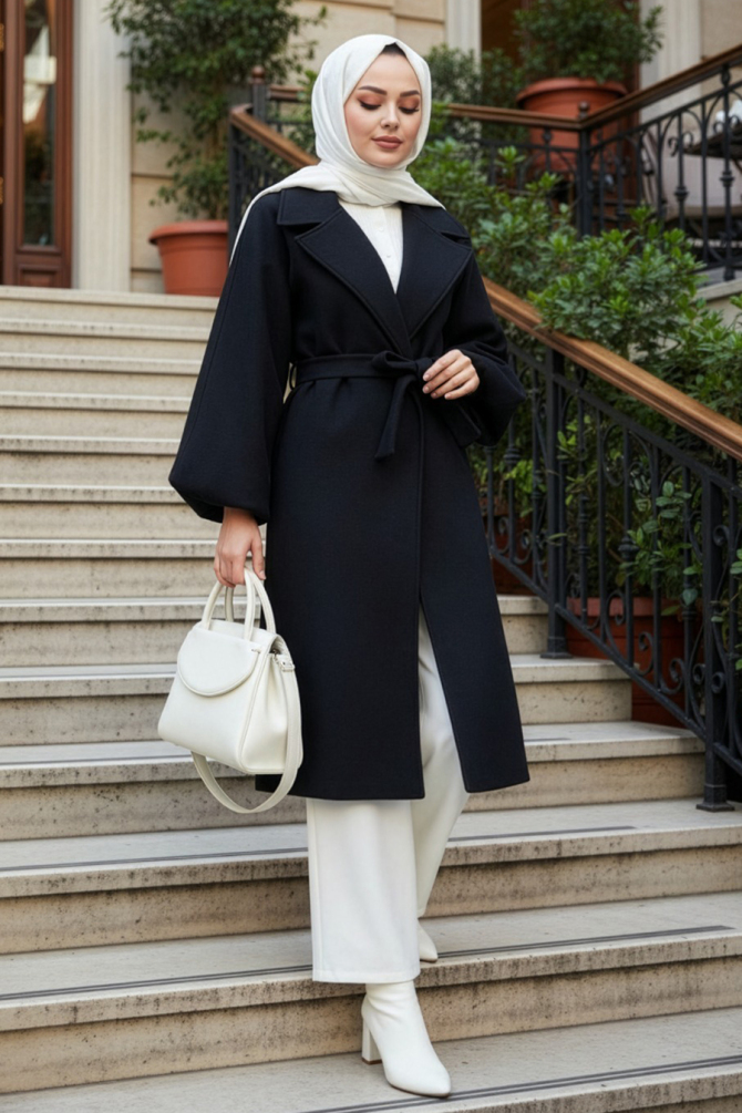 Kemerli Siyah Tesettür Kaşe Kaban 61631S - 1