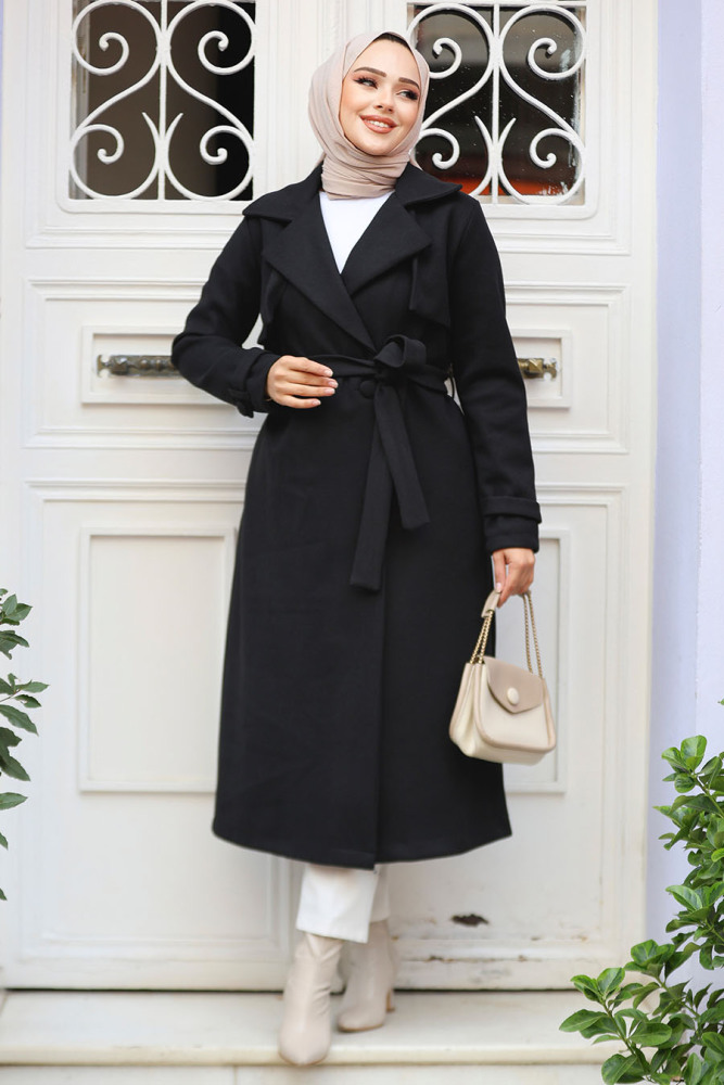 Kemerli Siyah Tesettür Kaşe Kap 61441S - NEVA STYLE