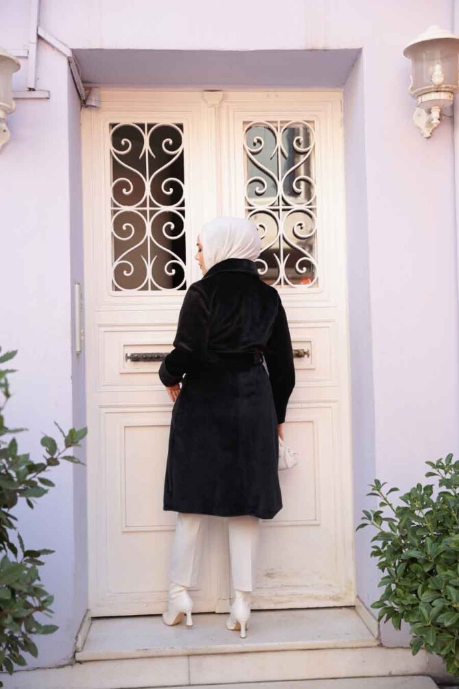 Kemerli Siyah Tesettür Süet Kap 62451S - 4