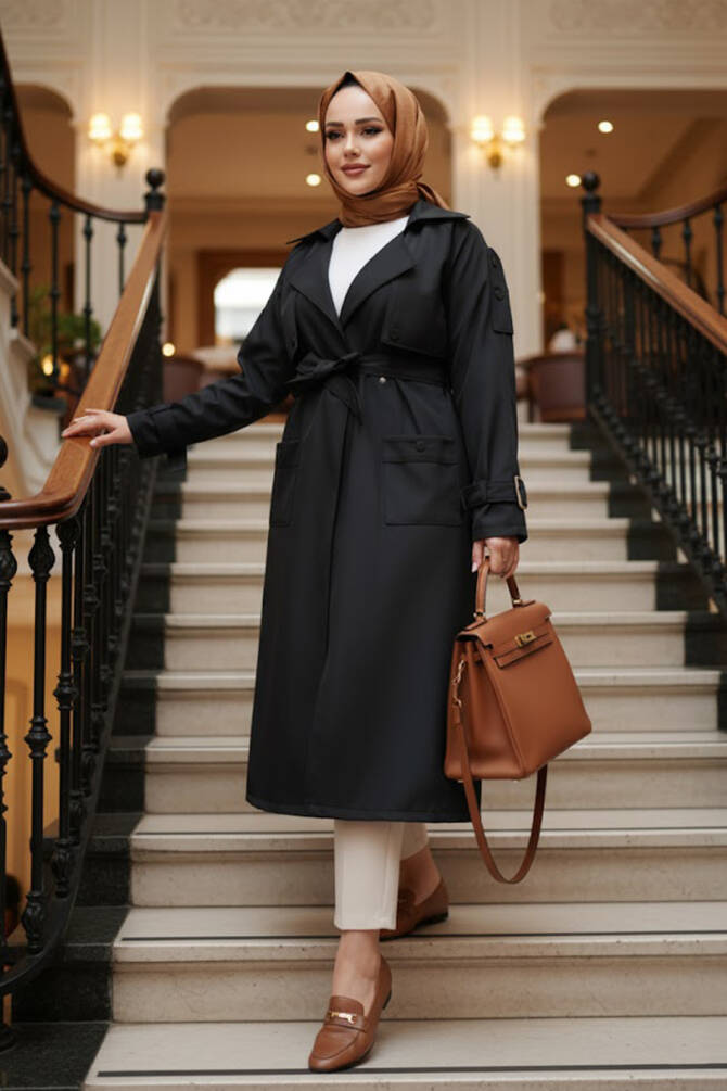 Kemerli Siyah Tesettür Trençkot 10701S - 1