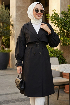 Kemerli Siyah Tesettür Trençkot 26421S - N.S NEVA STYLE