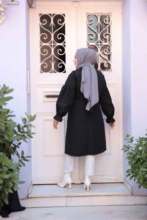 Kemerli Siyah Tesettür Trençkot 26421S - 4