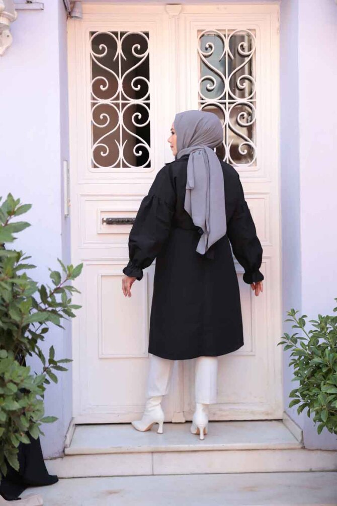 Kemerli Siyah Tesettür Trençkot 26421S - 4