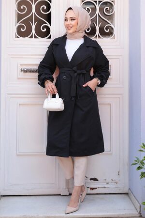 Kemerli Siyah Tesettür Trençkot 62181S 