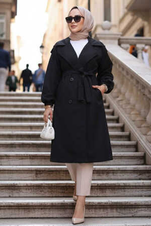 Kemerli Siyah Tesettür Trençkot 62181S - N.S NEVA STYLE