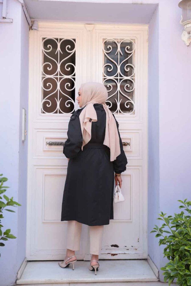 Kemerli Siyah Tesettür Trençkot 62181S - 4