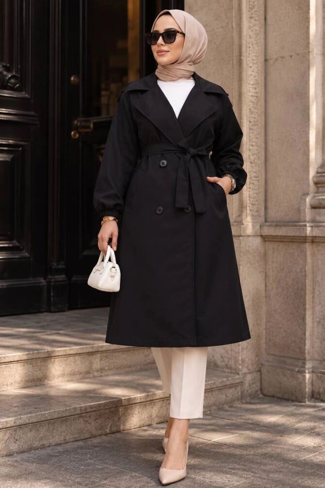 Kemerli Siyah Tesettür Trençkot 62181S - N.S NEVA STYLE